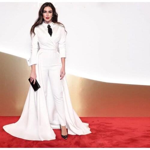 Modern White Jumpsuit Prom Dresses with Detachable Train V Neck Full Sleeve Ruched Ankle Length Pants Celebrity Evening Gowns