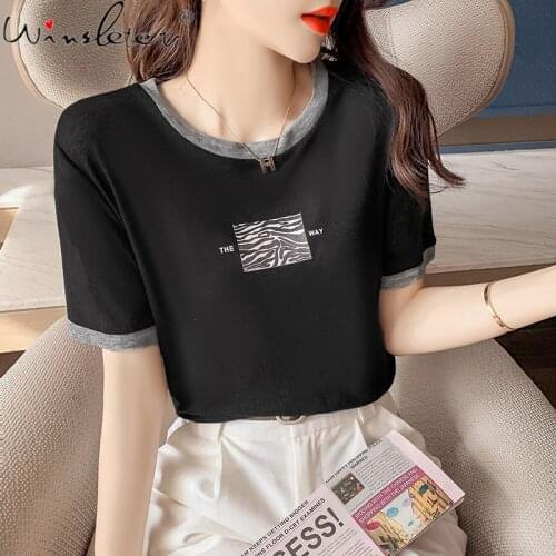 Summer 2021 Color Block Black T-shirt Women Print Cotton O-neck Short Sleeve Preppy Style Casual Tops Tees T17515A