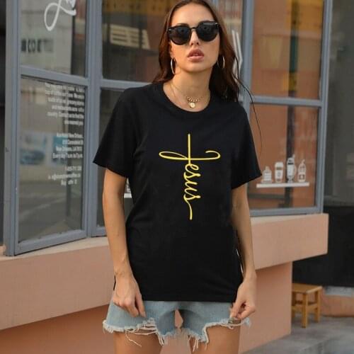 Jesus Cross Christian Gold Print Female Tshirts Cotton O-neck Funny Graphic Girl Tops Summer Fashion Casual Harajuku Women Tee