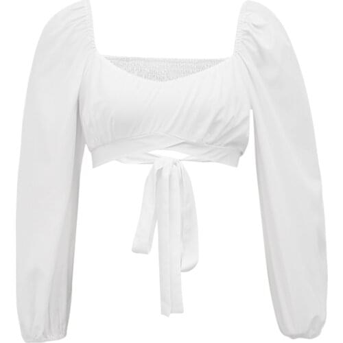 Women Tie-up Crop Tops Adults Solid Color Lantern Sleeve V-neck Pullover (White)