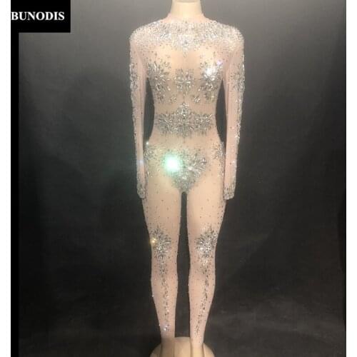ZD28403 Women Sexy Simple Version Jumpsuit Material Spandex Sparkling Crystals Bodysuit Nightclub Birthday Party Bling Costumes