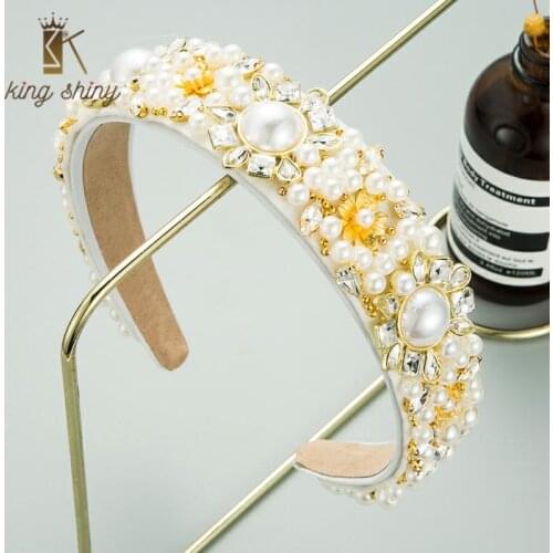 Vintage Baroque Shiny Crystal Flower Headband for Woman Elegant Simulated Pearl Beaded Hairband Girls Jeweled Hair Accessories