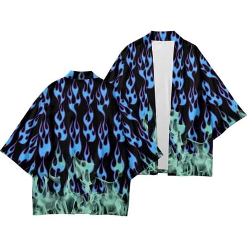 Gradient Blue Flame Printing Japanese Kimono Cardigan Summer Beach Sunscreen Loose Kimono Mens Shirt Yukata Haori Asian Costumes