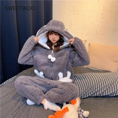 Winter Thicken Onesie Pajamas Women Warm Plush Kawaii Animal Rabbit One Piece Cosplay Bunny Homewear Sleepwear Jumpsuit Costume