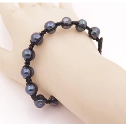 10mm Real Black Oval Growth Pearl Rope Handmade Bracelet 7-9" Adjustable