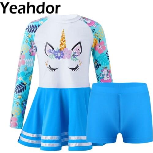 2021 Kids Girls Swimwear Swimming Suit Long Sleeves Cartoon Print Dress and Shorts Set Beach Swimming Bathing Rashguard Suits
