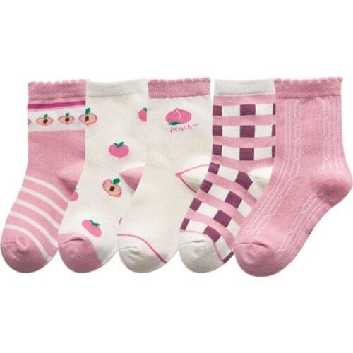 Autumn Spring 5 Pairs Baby Girls Socks Cartoon Cute Cotton Colorful Peach Lattice Striped Printing
