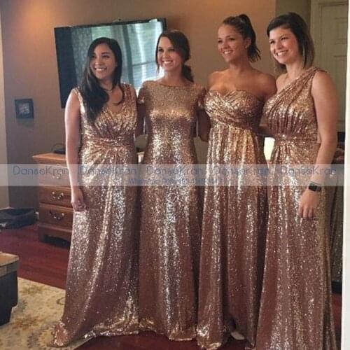 Sparkle Gold Sequin Bridesmaid Dresses Zipper Up Back Floor Length A Line Wedding Party Dresses Vestido De Fiesta De Boda