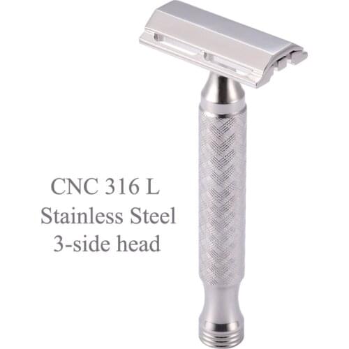 CNC 316L Stainless Steel Double Edge Safety Razor 3 Sides Head Men Wet Shaving