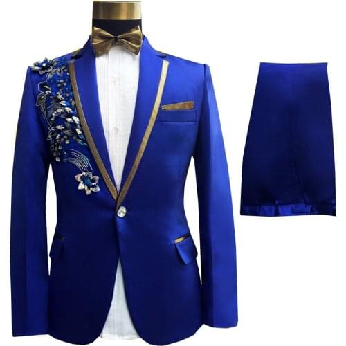 Mens Suits Sequin Royal Blue 2 Pieces Suit Slim Fit One Button Lapel Tuxedo For Party Wedding Banquet (Blazer+Pant)