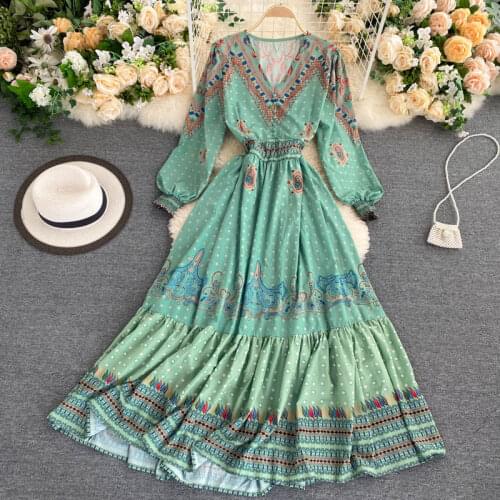 Jastie Spring Autumn Women Dress Retro Style V-neck Long Sleeve Print Midi Dress Hight Waist Casual Beach Dresses Boho Vestidos
