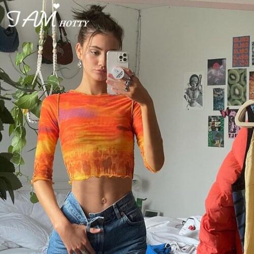 Mesh Print Midi Sleeves Crop Top Tee Women Harajuku Retro Frill Short Sleeve T Shirt Summer Korean Clothes Basic Shirt Iamhotty