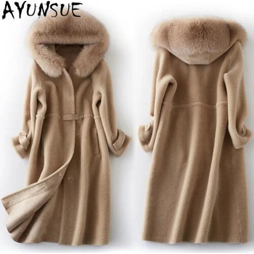 AYUNSUE Fox Fur Collar Autumn Winter Jacket Women Real Fur Coat Female 100% Wool Fur Jackets for Women Long Manteau Femme KJ6231