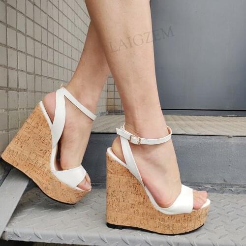 LAIGZEM Women Sandals Platform Wedges Ankle Strap Faux Leather Pumps Height Increase Party Shoes Woman Large Size 44 46 50 52