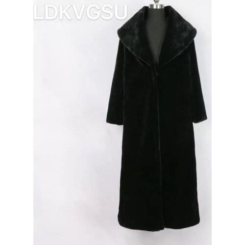 LDKVGSU Extra Long Black Milky Winter Faux Fur Coat Women Long Sleeve Turn-Down Collar Fluffy Fake Sheared Mink Fur Overcoat 3XL