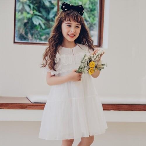 Korean Style Summer Dress For Girls Lace Ruffles Butterfly Mid Length Gowns Kids Birthday Wedding Party Dresses Children Clothes