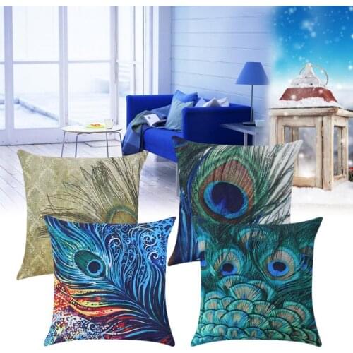 Linen Cushion Covers 45x45cm Throw Pillowcase Cushion Covers 4Types Peacock Feather Decorative Pillows Home Decor