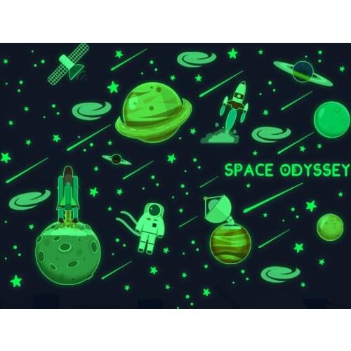 Luminous Space Planet Rocket Wall Sticker Cartoon Fluorescent Interstellar Roaming Childrens Room Green Light Sticker