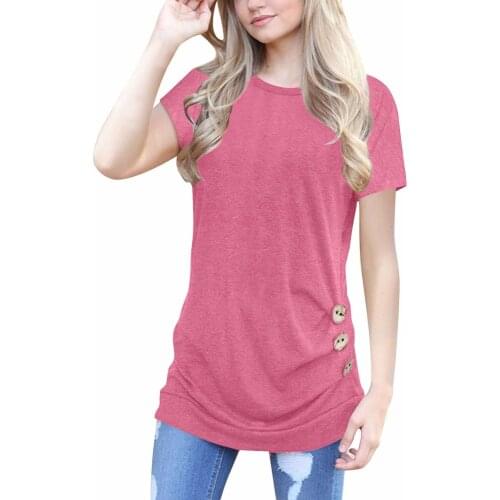 Loose Button Trim T Shirt Women Solid Color Women Tee Shirt Summer Top Tee Round Neck Tshirt Short Sleeve Tunic Woman T-Shirt