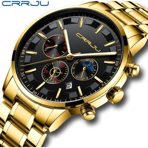 Top Luxury Brand CRRJU Men Golden Stainless Steel Strap Watch Hot Sale Chronograph Waterproof Moon Phase Wristwatch Date Clock