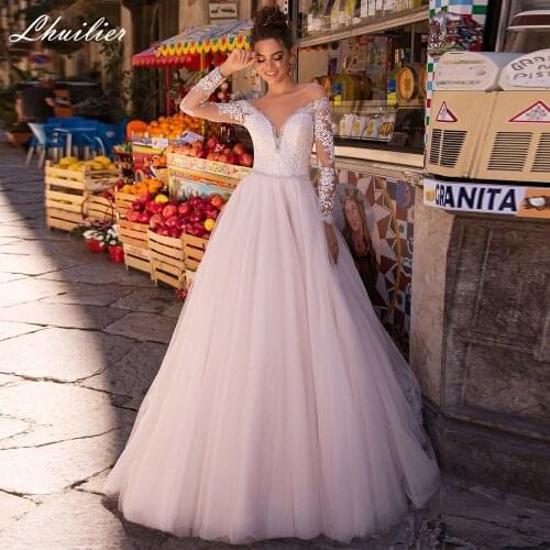 Lhuilier A Line Illusion V Neck Tulle Wedding Dresses 2021 Crystal Beaded Full Sleeves Floor Length Bridal Gowns Court Train