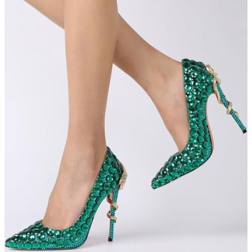 High-Qualit Toe Crystal High Heels Shoes Rhinestone Ladies Pumps Bridal Wedding Cocktail Shoes Snake Shaped Metal Decoration