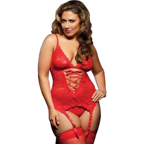 VALERIE Sexy Lady Lingerie Black & Red Lace Garter Chemise Handcuffs Set Wireless Bustier G-String Set For Women Lace-up Chemise