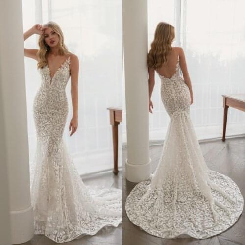 Lace Mermaid Wedding Dresses Deep V Neck Appliqued Backless Boho Wedding Gowns Custom Made Bridal Vestidos De Novia