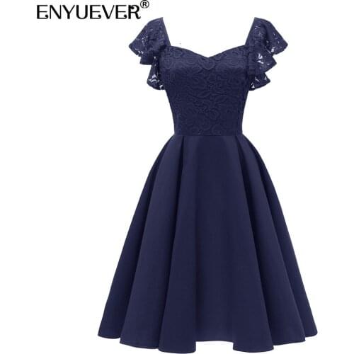 Enyuever Elegant Navy Blue Lace Dress 2021 Summer V Neck Swing Robe Wedding Party Formal Dresses Women Evening Clothes Vestidos