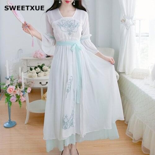 SWEETXUE Spring Summer Vintage Women Dress Flare Sleeve Slim Embroidery Lace-Up Long Hanfu Dresses Chinese Style Vintage Femme