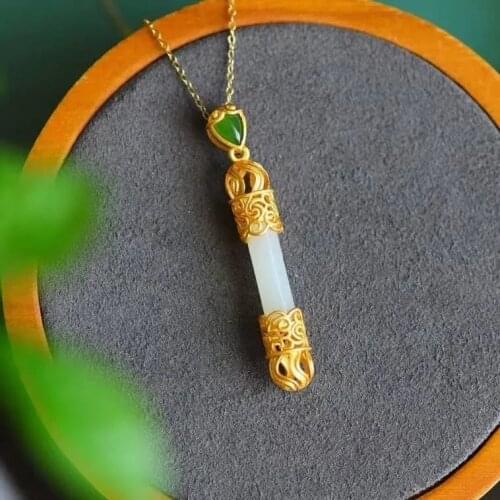 Gold Hoop Stick Pendant Natural Hotian Jade Pendant S925 Sterling Silver Necklace Special-Interest Design Clavicle Necklace Coup