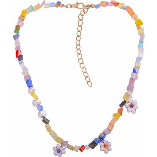 ZV 1pcs Fashion Gravel Necklace Simple Beaded Pearl Clavicle Chain Flower Pendant for Women Gift Statement Plant Jewelry