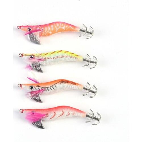 4pcs Kinds of Wood Shrimp Squid Fishing Bai Hook Wooden Shrimp Luminated Squid Jigs Sea Fishing Lures Artificial Lures
