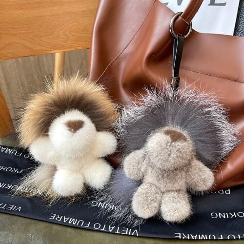 Cute Lion Animal Keychain Real Mink Fur with Genuine Fox Fur Bag Charm Pendant Purse Accessories Car Key Ring Handbag Hanging
