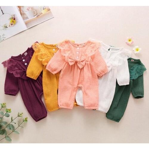Pudcoco Infant Baby Romper Baby Girls Long Sleeve Lace Jumpsuit Cute Bowknot Solid Color Romper for Kids Girls 5 Colours 3-24M