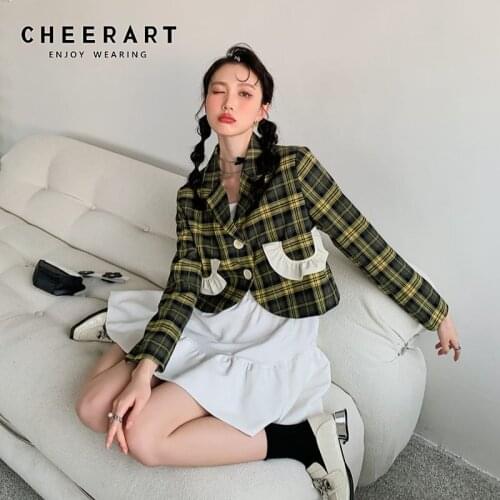 CHEERART Designer Plaid Cropped Jacket For Women 2021 Fall Clothes Kawaii Ruffle Bow Tie Korean Fashion Coats And Jackets
