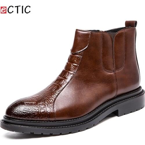 ECTIC Gentleman Winter Men Chelsea Boots High Top Warm Leather Handsome Botas Zapato Cool Hombres Crocodile Shoes