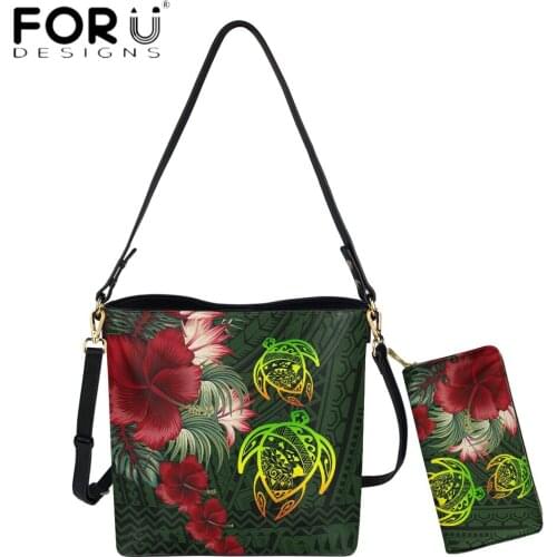FORUDESIGNS PU Leather Female Bucket Handbags Hawaiian Tutle Map With Hibiscus Printed Female Shoulder Crossbody Bag With Purse