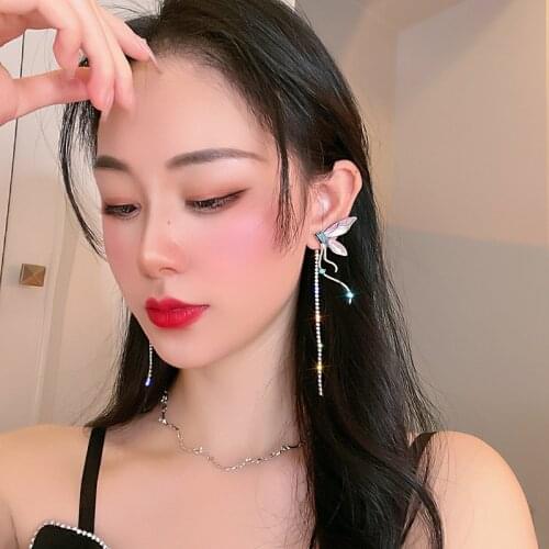 FYUAN Korean style Purple Enamel Butterfly Drop Earrings for Women Long Tassel Rhinestone Earrings Party Jewelry