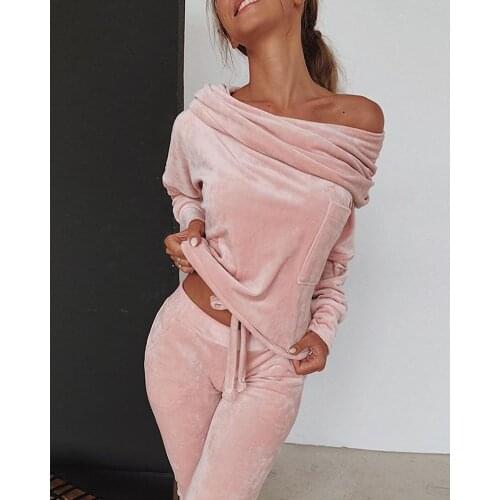 Sweatshirt Women 2 Pieces Set Tracksuit Autumn One Shoulder Suit Pants Sportswear Suede Thick Lounge Suit