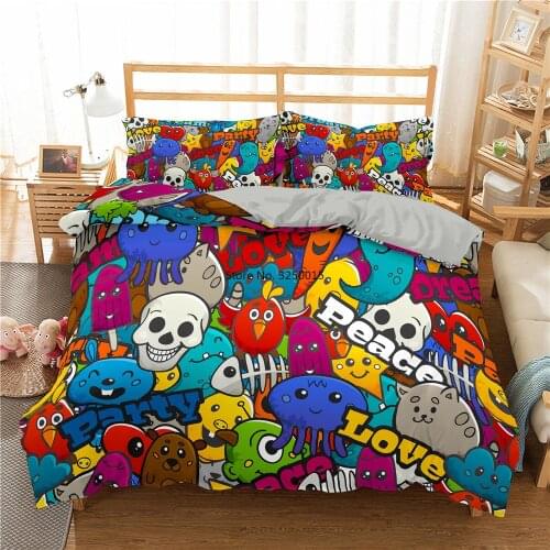 Colourful Bedding Set Cartoon Graffiti Polyester Duvet Cover Set Pillowcase Home Textile Single King Twin Double Full Queen Size