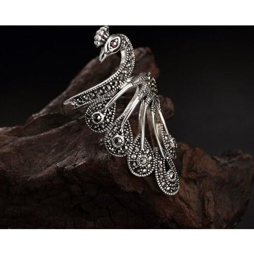L&P Thai Silver The peacock Marcasite Inlay Ring For Women Retro personality 925 Sterling Silver Ring Jewel For Gift