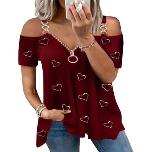 Summer T-shirt women New 2021 Sexy Low-cut Zipper Solid Color Simple Off-shoulder Short-sleeved Tee femme