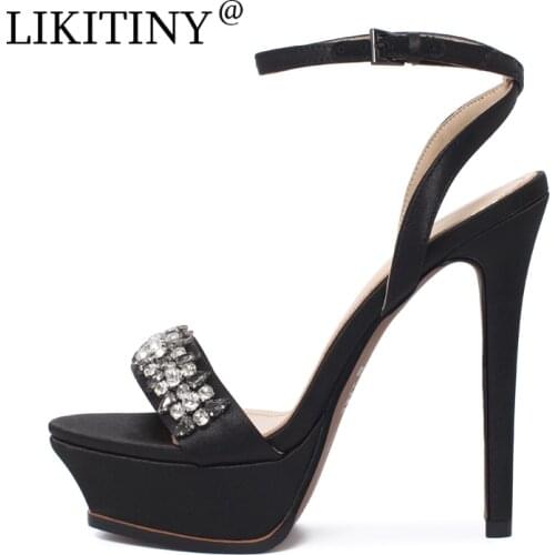 LIKITINY Summer high heels womens party shoes Buckle strap Stilettos heels ladies Platform gold Sandals Open toe party shoes 33