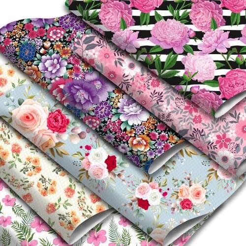 Spring Theme Faux Leather Sheets Flowers Floral Leaves Printed Synthetic Leather Fabric 20x33cm for DIY Garment Bags Pouches