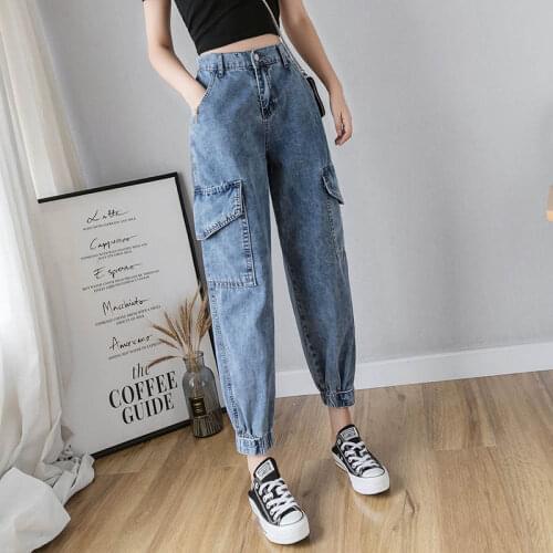 M-3XL Plus Size Loose Boyfriend Jeans For Women Spring Streetwear High Waist Denim Cargo Pants Pockets Casual Jean Femme C7157