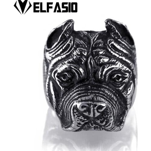 Mens Boys Stainless Steel Ring Pitbull Bulldog Silver Black Tone Biker Jewelry US Size 8-13
