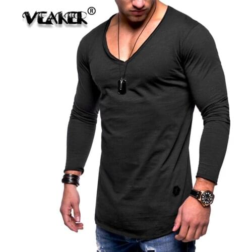 2018 New Mens Summer Casual t shirts Long Sleeve Slim Fit Men V Neck T Shirt Tops High Street tshirt Sreetwear M-3XL