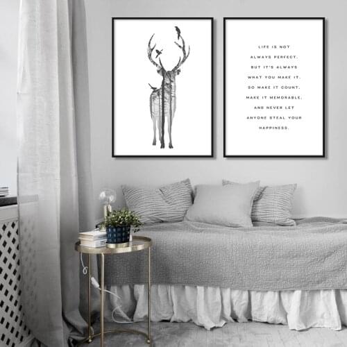 Deer Forest Life Quote Wall Art Canvas Painting Nordic Posters And Print Black and White Wall Picture For Living Room Home Decor
