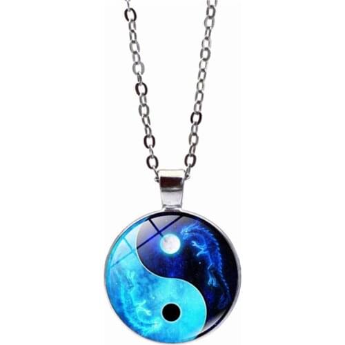 Yin Yang Necklace Tai Chi Unisex Time Stone Cabochon Glass Pendant Dragon Moon Yin Yang Jewelry